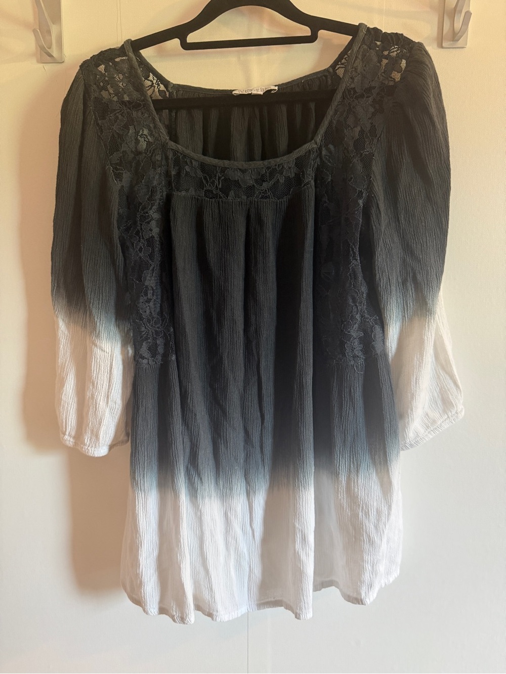 Patrons of Peace Ombre Boho Gauze Blouse Lace Peasant Top Large Black Ivory